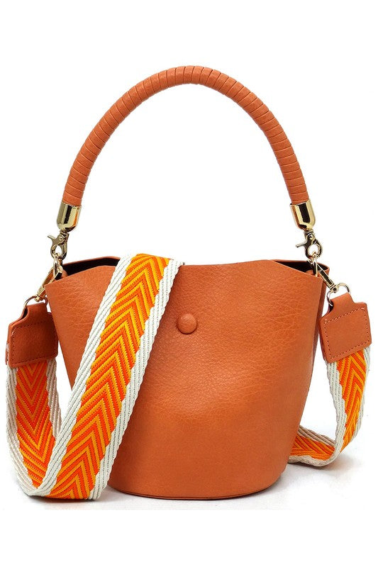 Fashion Bucket Faux Vegan Leather Crossbody Bag with Guitar Strap Fashion World