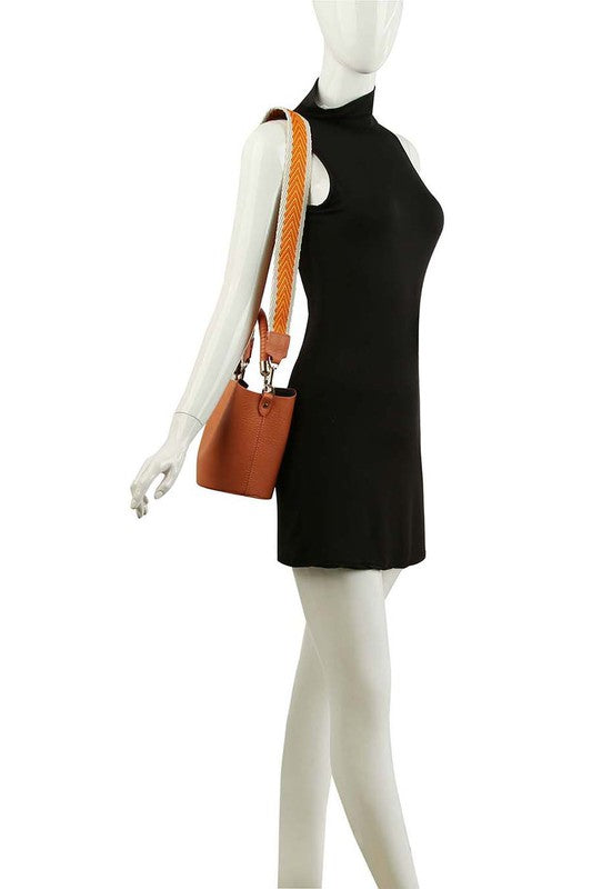Fashion Bucket Faux Vegan Leather Crossbody Bag with Guitar Strap Fashion World