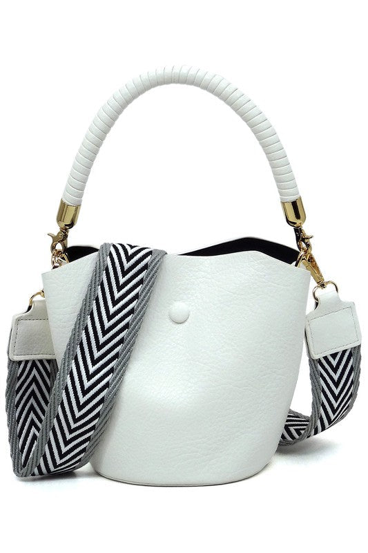 Fashion Bucket Faux Vegan Leather Crossbody Bag with Guitar Strap Fashion World