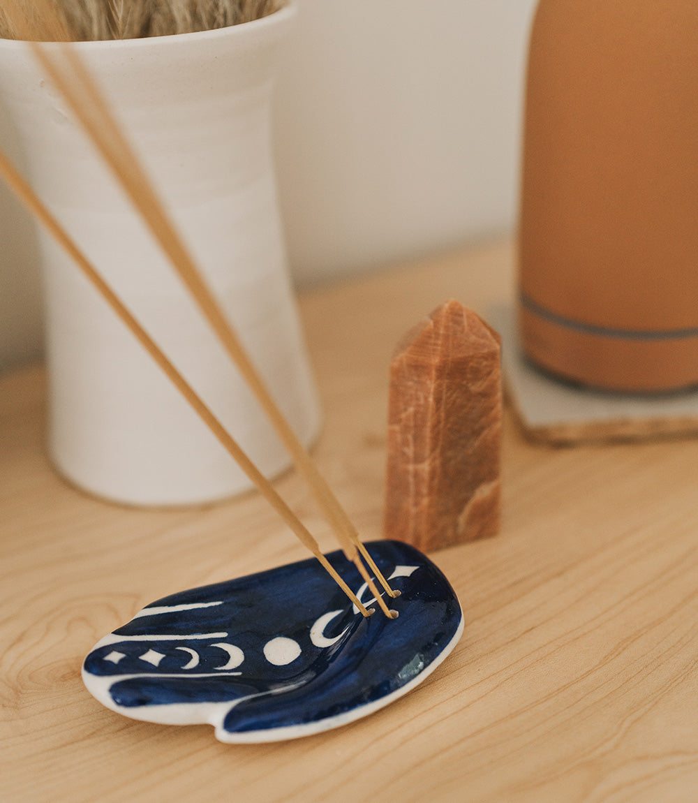 Jalini Hamsa Moon Phase Incense Holder Hand Painted Ceramic DAME BOHEME