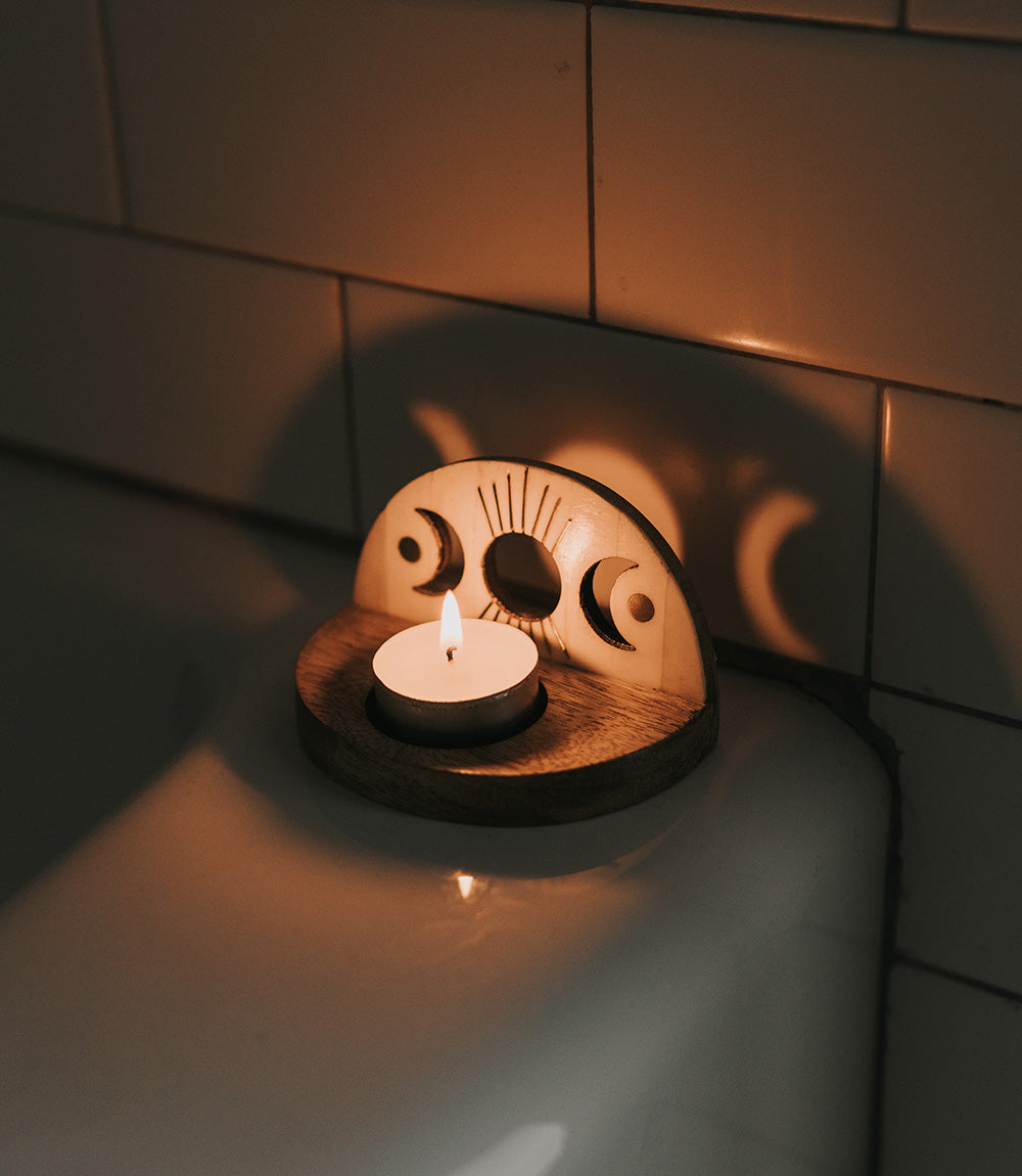 Indukala Moon Phase Tealight Candle Holder - Carved Bone Wood DAME BOHEME