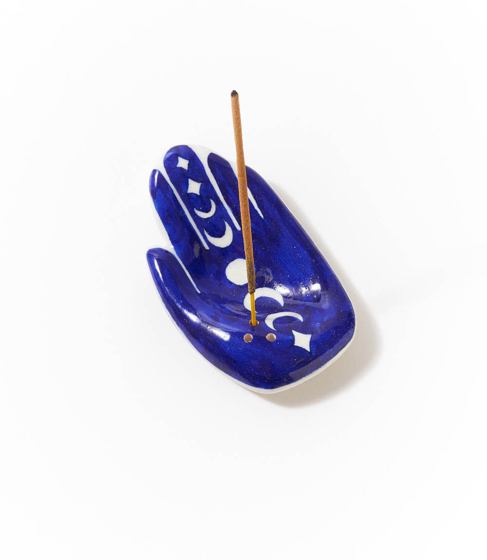 Jalini Hamsa Moon Phase Incense Holder Hand Painted Ceramic DAME BOHEME