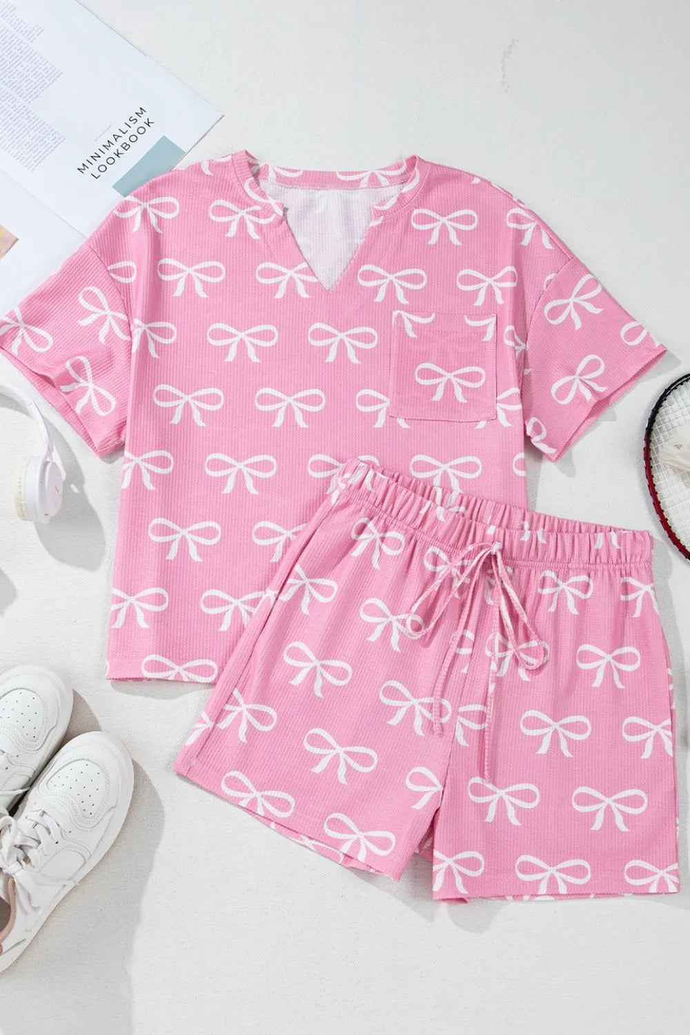 Bowknot Printed Notched T-Shirt and Shorts Set DAME BOHEME
