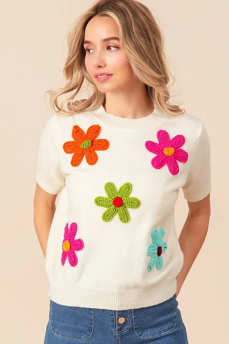 BiBi Crochet Flower Patch Sweater Top Trendsi