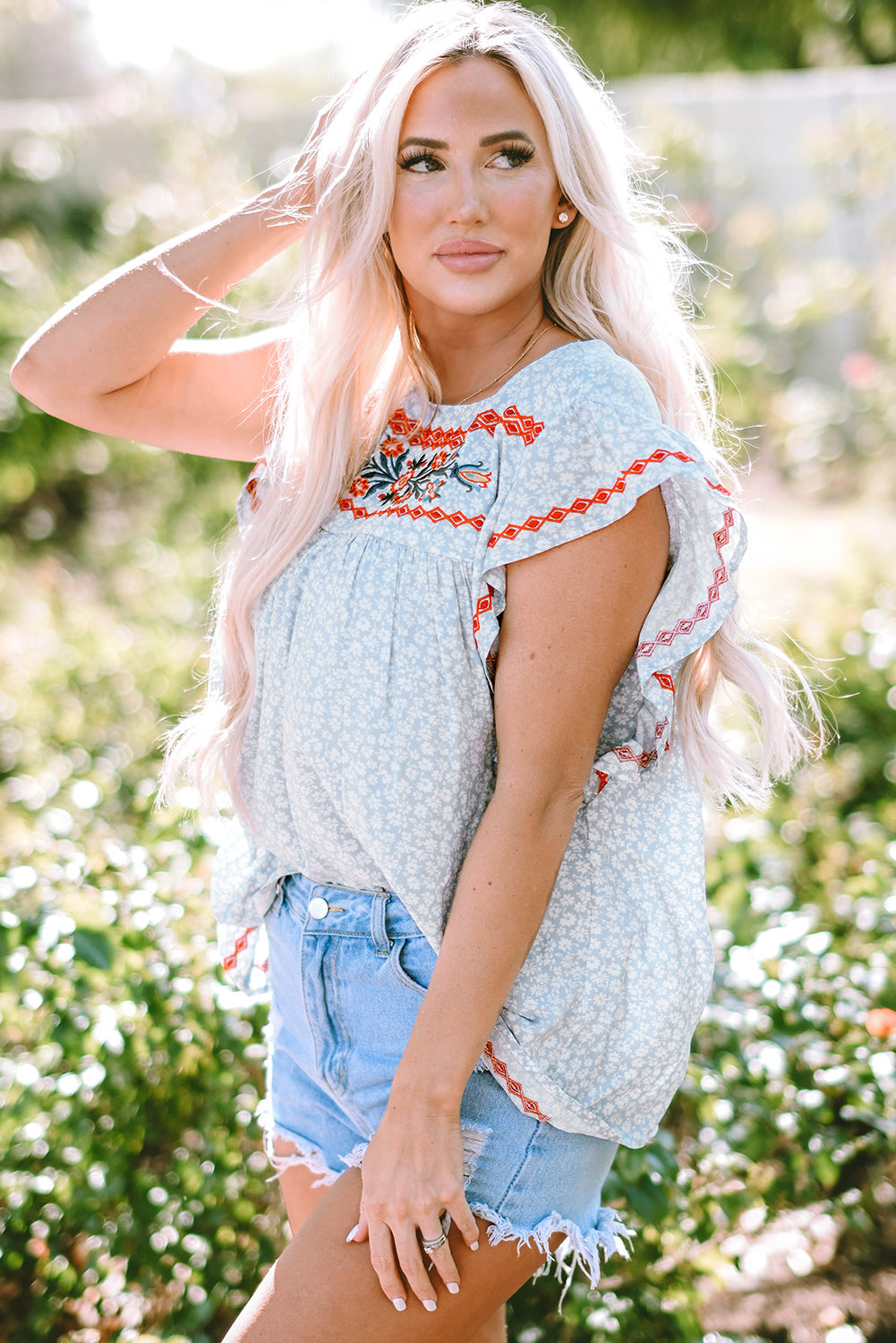 Angie Boho Embroidered Floral Print Flutter Sleeve Blouse DAME BOHEME