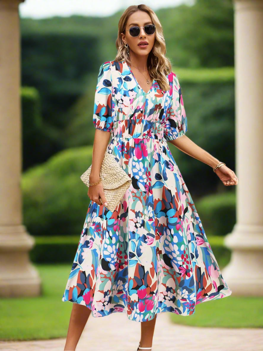 Ruched Roses Surplice Short Sleeve Dress Trendsi