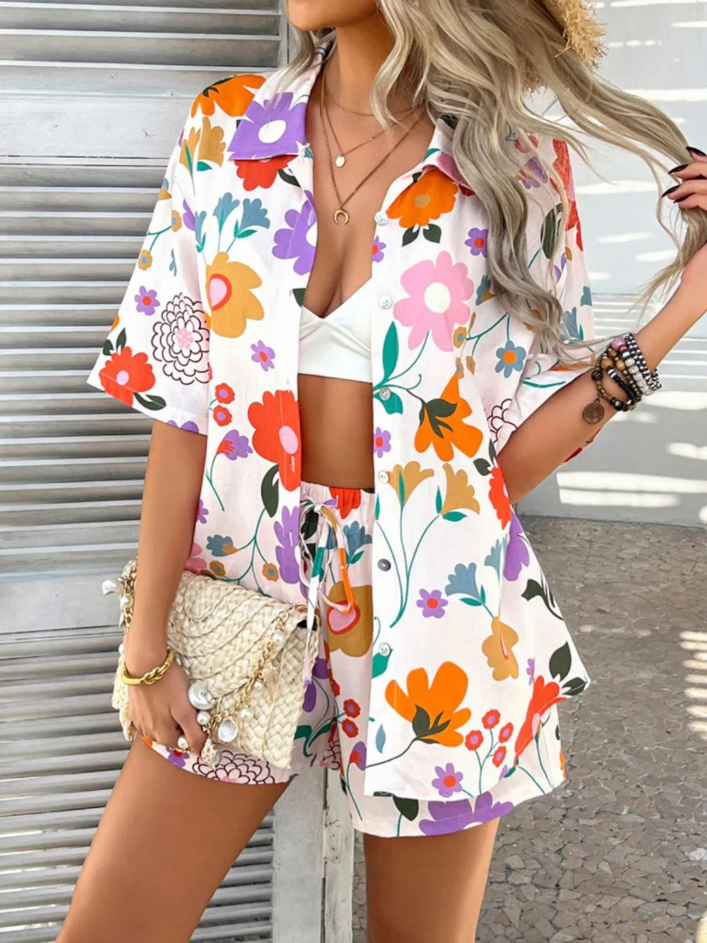 Devine Tropical Print Button-Down Shirt and Shorts Set Trendsi