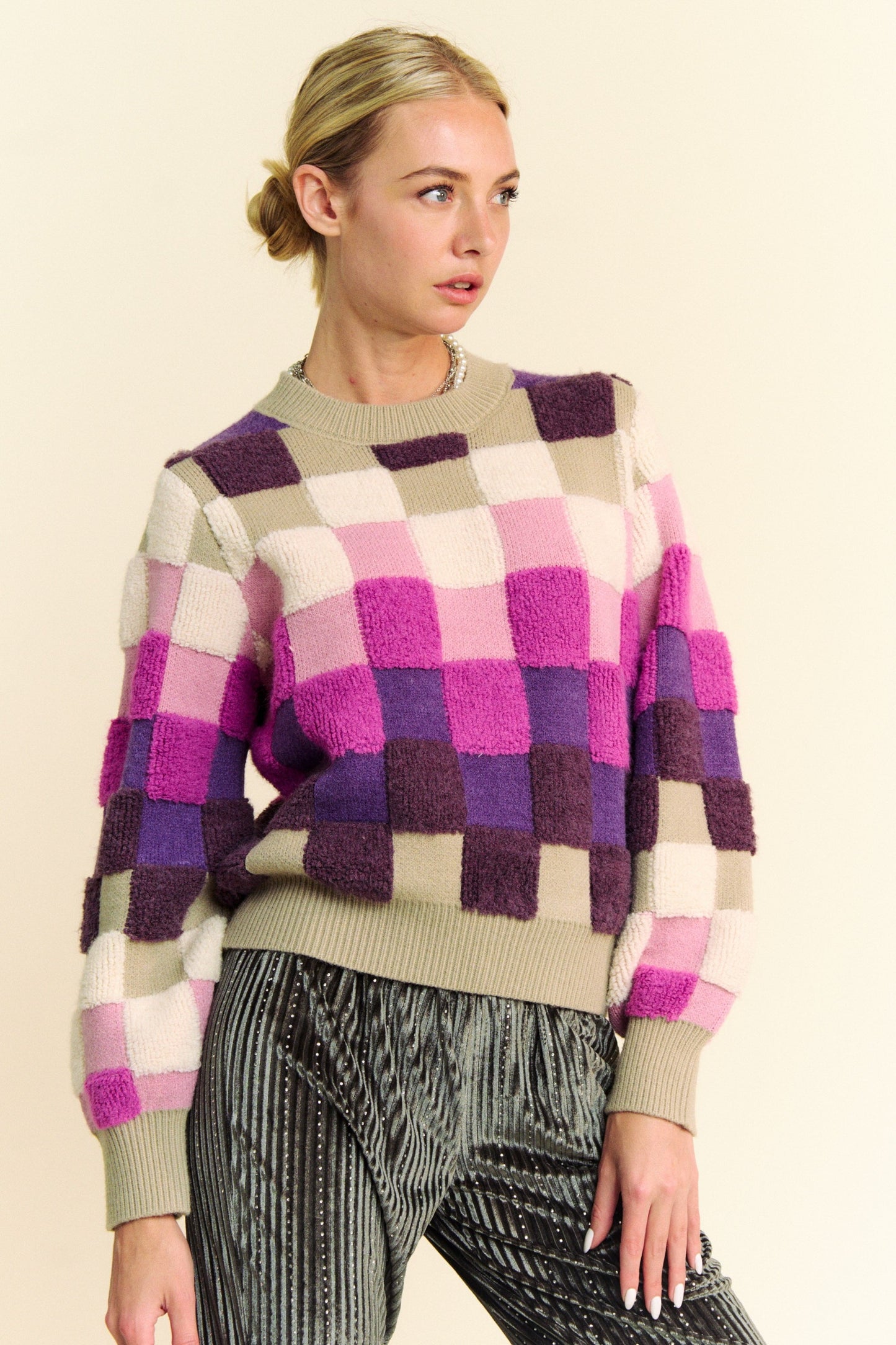 Davi & Dani Checkered Round Neck Long Sleeve Sweater Trendsi