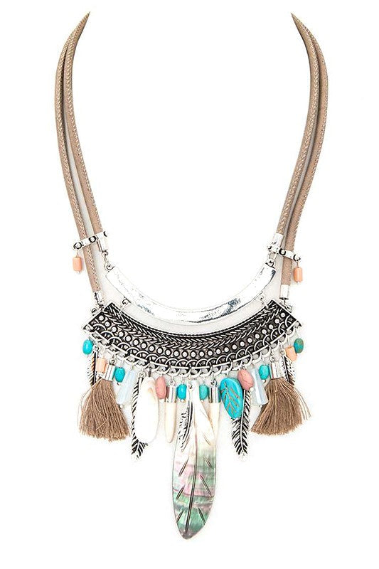 MOP Feather Charm Boho Statement Necklace LA Jewelry Plaza