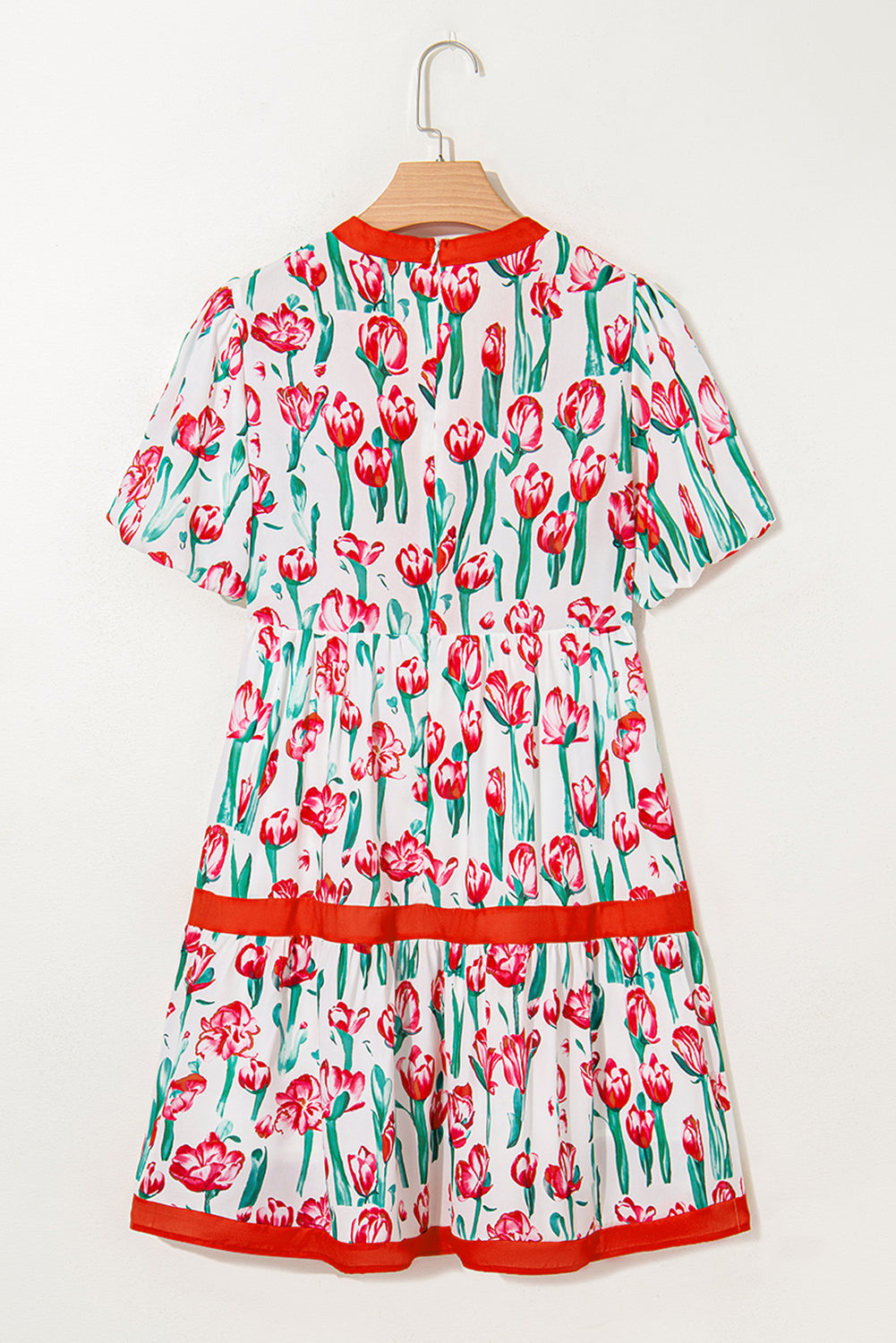 Pink Floral Print Contrast Trim V Neck Bubble Short Sleeve Babydoll Dress DAME BOHEME