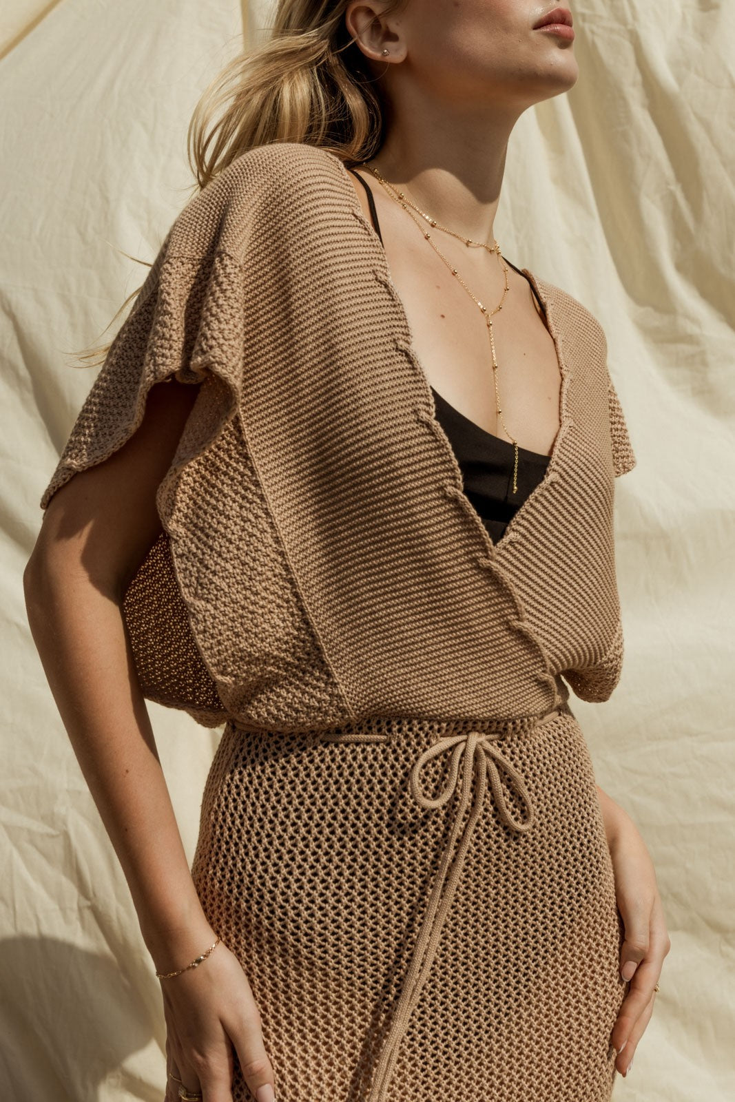 Open Knit Sweater Cover-Up Front Tie Maxi Dress Gilli