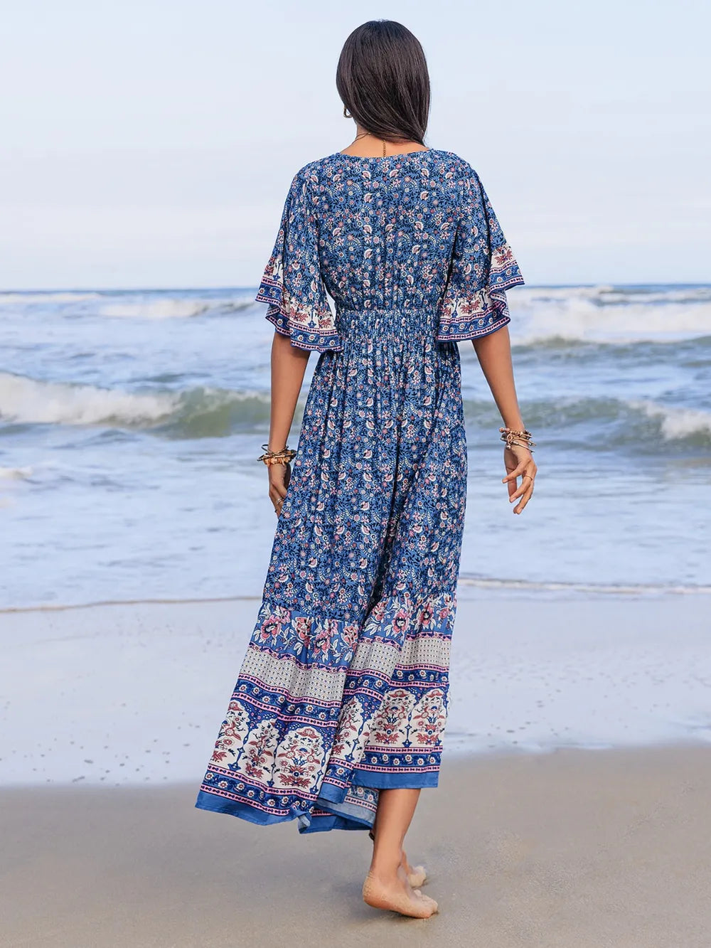 Bohemian Ruched Printed Flounce Sleeve Midi Dress Trendsi