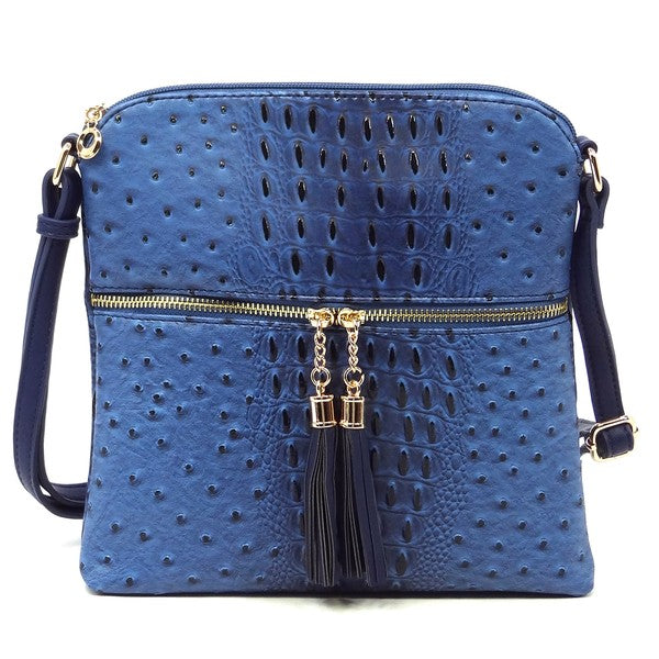 Ostrich Croc Zip Tassel Crossbody Bag Fashion World