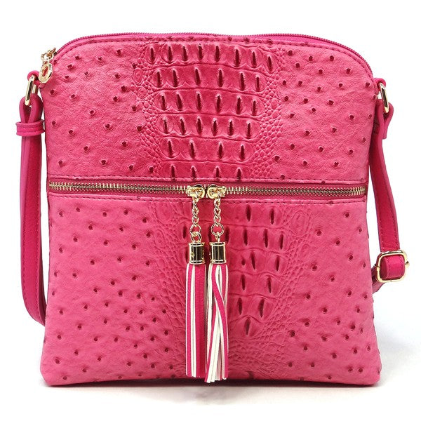 Ostrich Croc Zip Tassel Crossbody Bag Fashion World