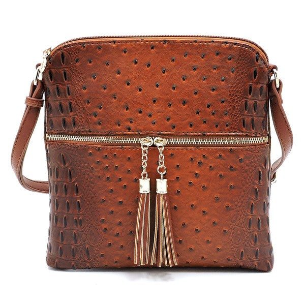 Ostrich Croc Zip Tassel Crossbody Bag Fashion World