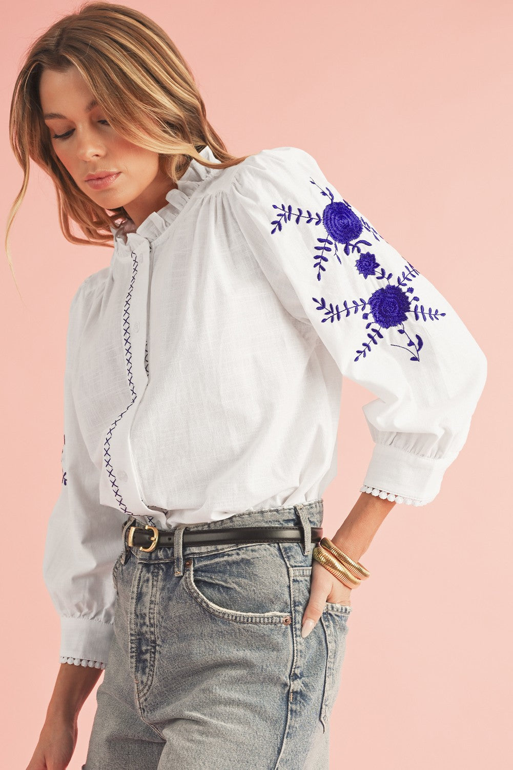 Floral Embroidered Button Up Shirt SHEWIN INC.
