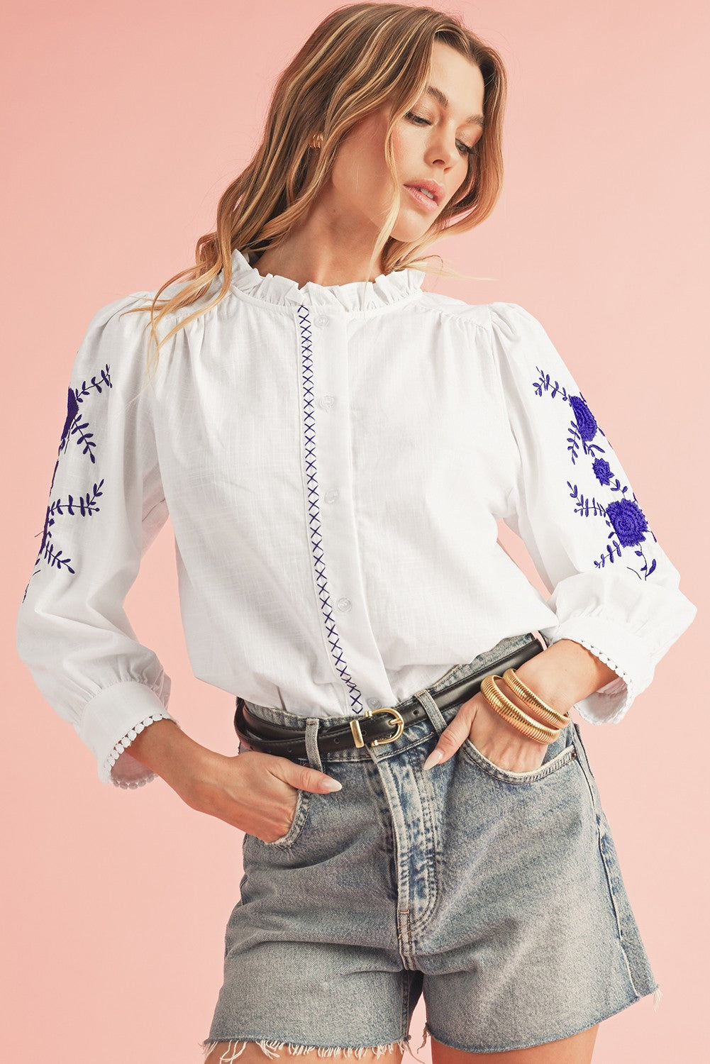Floral Embroidered Button Up Shirt SHEWIN INC.