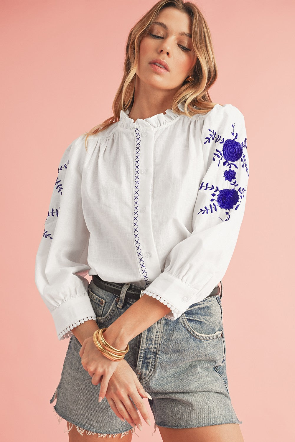 Floral Embroidered Button Up Shirt SHEWIN INC.