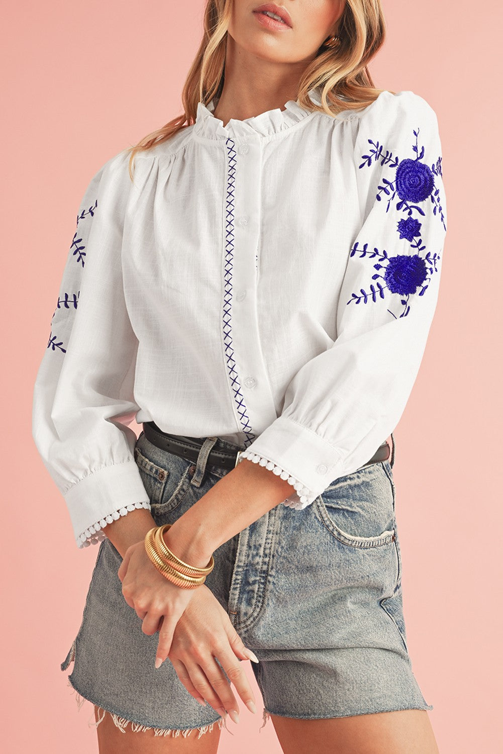 Floral Embroidered Button Up Shirt SHEWIN INC.