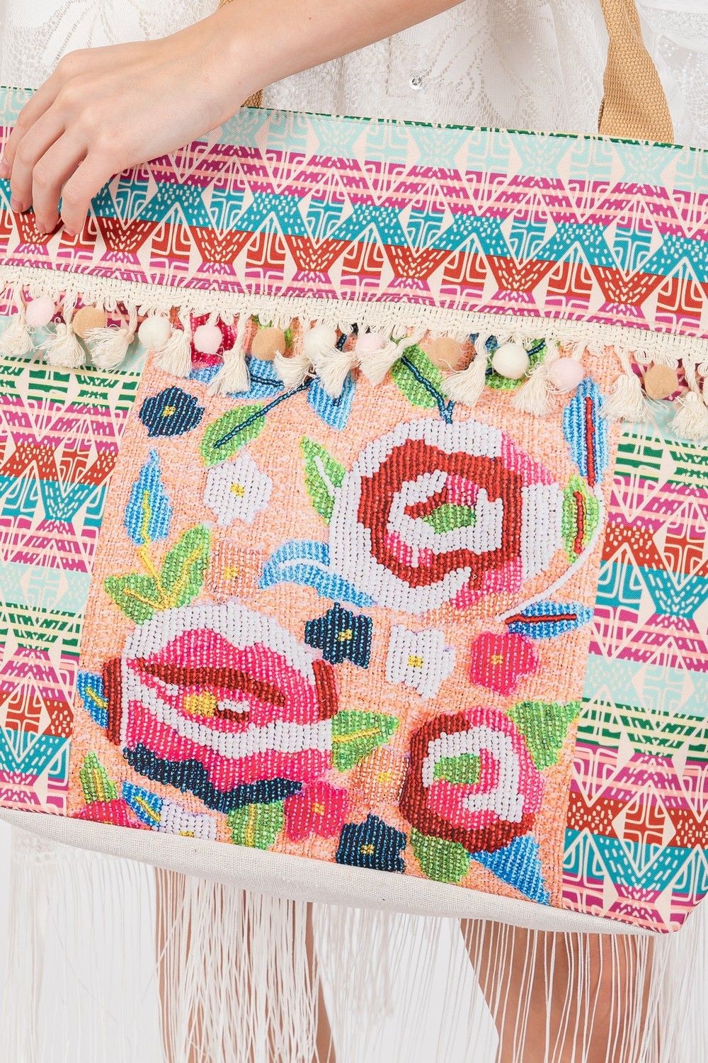Spring Flower Beaded Embroidered Oversize Tote Bag DAME BOHEME