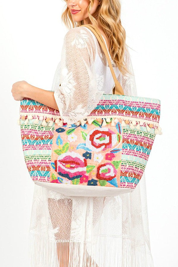 Spring Flower Beaded Embroidered Oversize Tote Bag DAME BOHEME