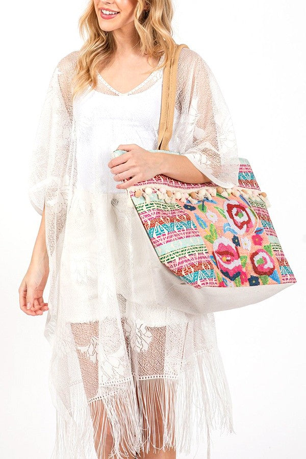 Spring Flower Beaded Embroidered Oversize Tote Bag DAME BOHEME