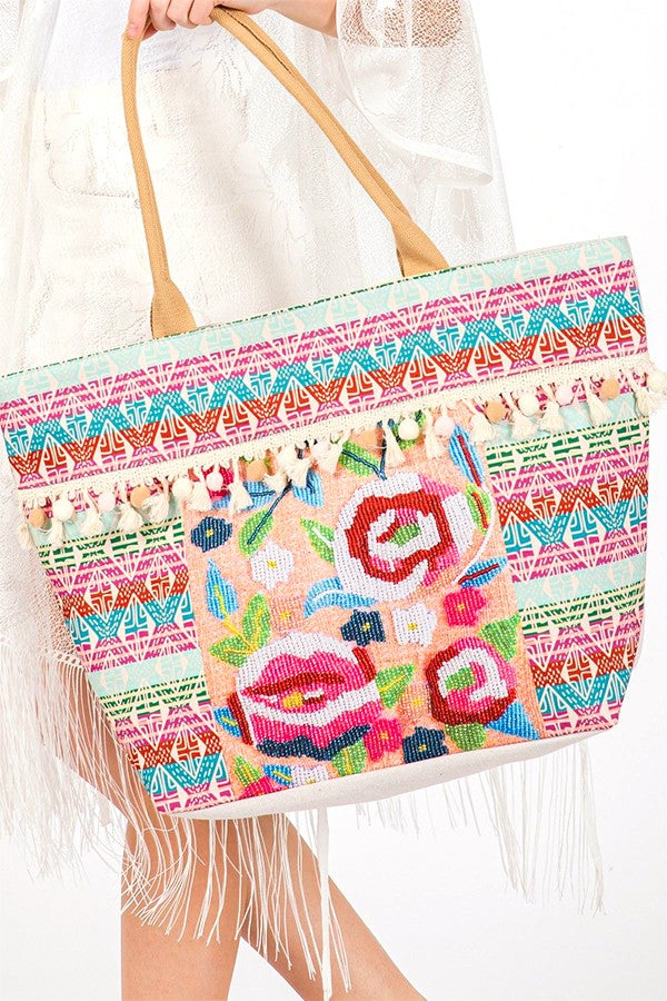Spring Flower Beaded Embroidered Oversize Tote Bag DAME BOHEME