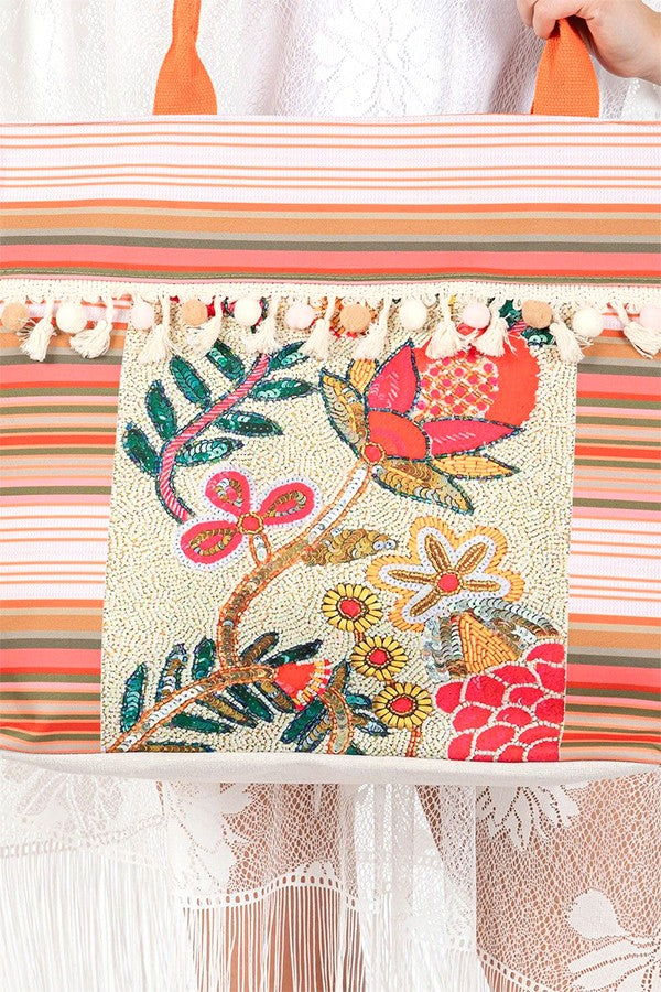 Boho Flower Beaded Embroidered Oversize Tote Bag DAME BOHEME