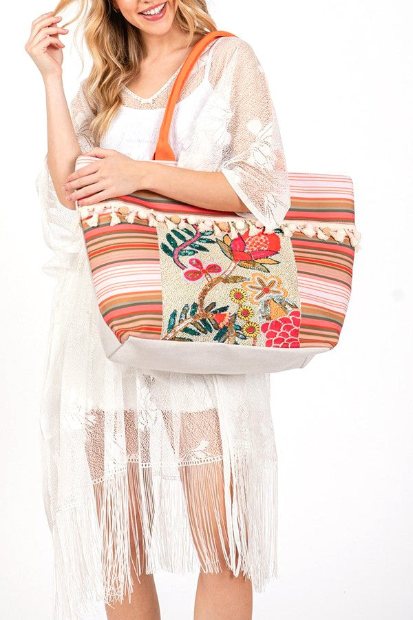 Boho Flower Beaded Embroidered Oversize Tote Bag DAME BOHEME
