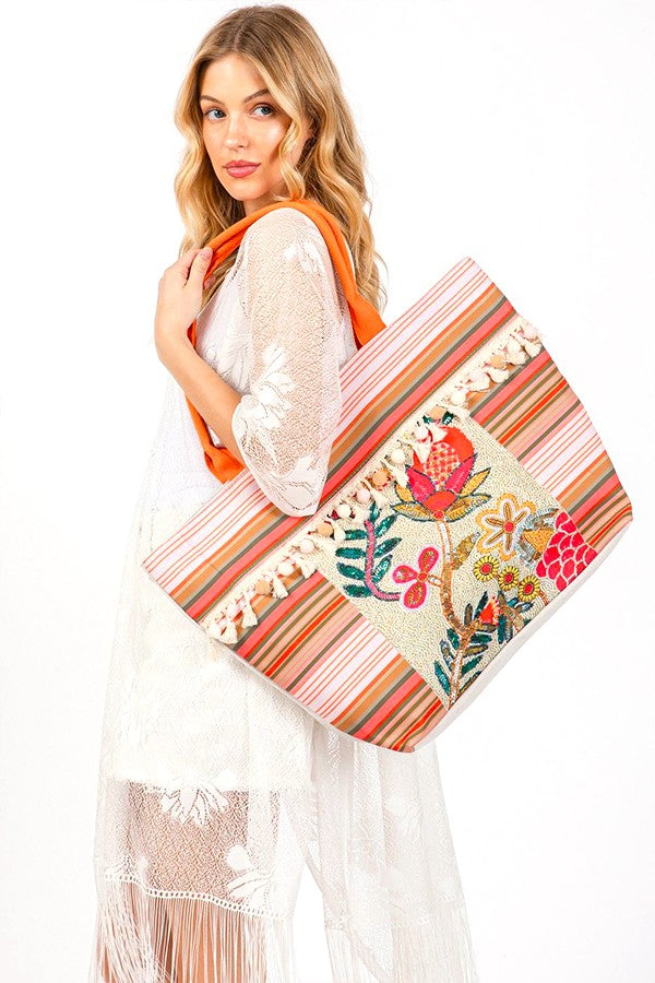 Boho Flower Beaded Embroidered Oversize Tote Bag DAME BOHEME