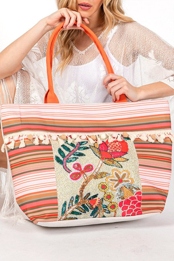 Boho Flower Beaded Embroidered Oversize Tote Bag DAME BOHEME