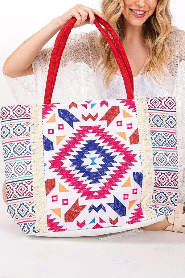 Aztec Printed Embroidered Oversize Tote Bag DAME BOHEME
