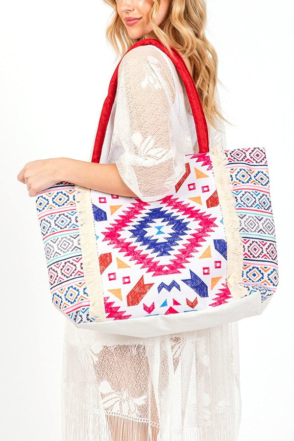 Aztec Printed Embroidered Oversize Tote Bag DAME BOHEME