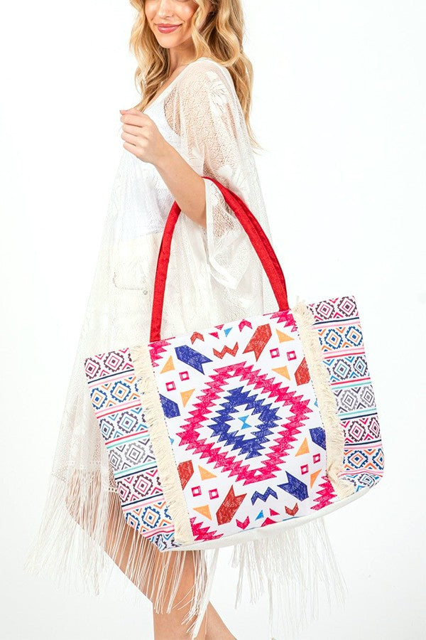 Aztec Printed Embroidered Oversize Tote Bag DAME BOHEME