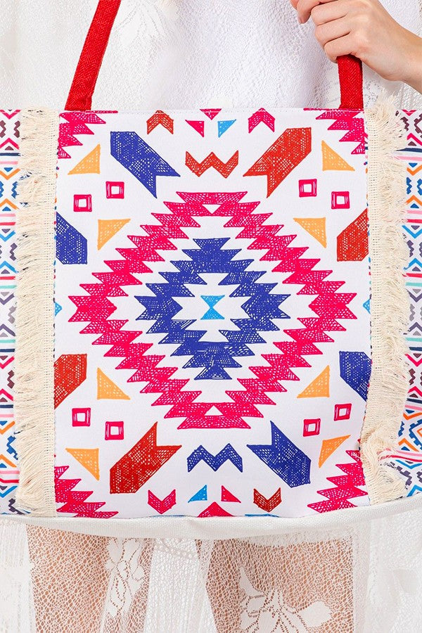 Aztec Printed Embroidered Oversize Tote Bag DAME BOHEME