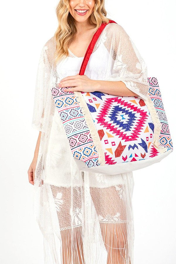 Aztec Printed Embroidered Oversize Tote Bag DAME BOHEME
