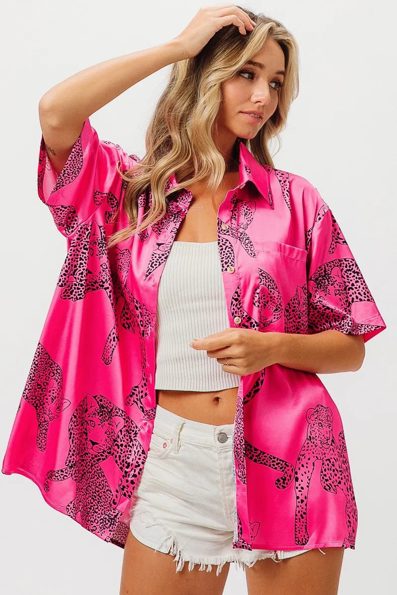 BiBi Leopard Print Short Sleeve Silky Satin Shirt Trendsi