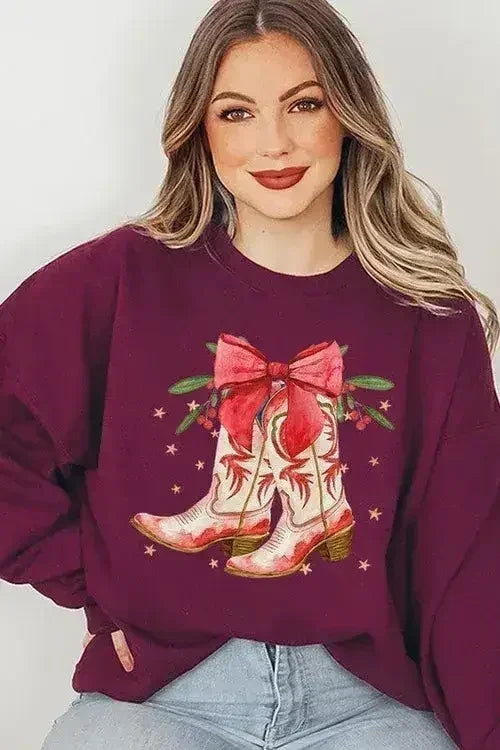 Christmas Cowgirl Boots Graphic Fleece Sweatshirts DAME BOHEME