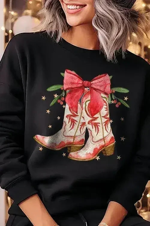 Christmas Cowgirl Boots Graphic Fleece Sweatshirts DAME BOHEME