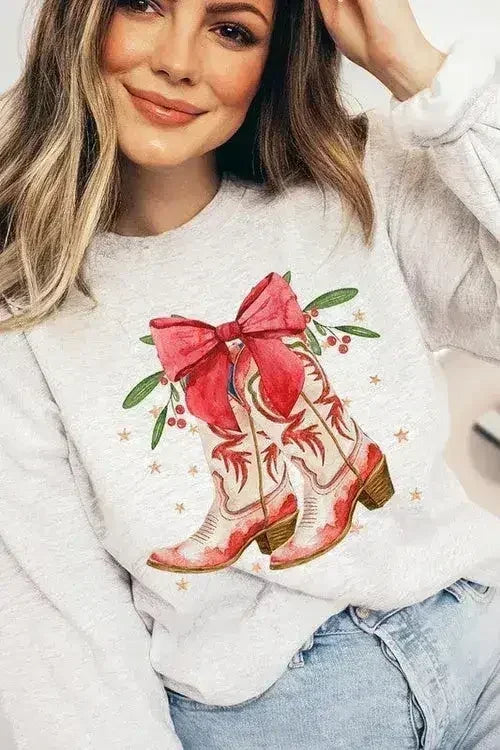Christmas Cowgirl Boots Graphic Fleece Sweatshirts DAME BOHEME