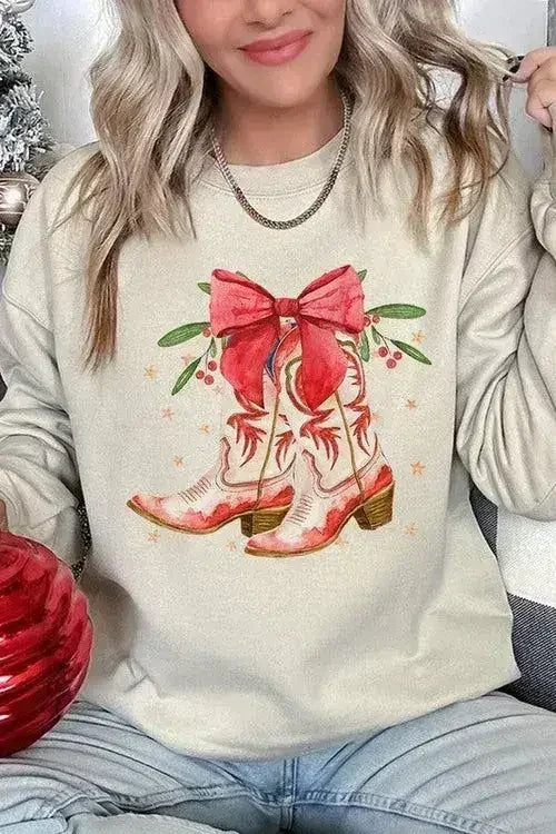 Christmas Cowgirl Boots Graphic Fleece Sweatshirts DAME BOHEME