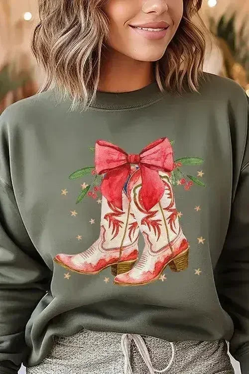 Christmas Cowgirl Boots Graphic Fleece Sweatshirts DAME BOHEME