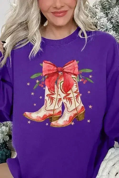 Christmas Cowgirl Boots Graphic Fleece Sweatshirts DAME BOHEME