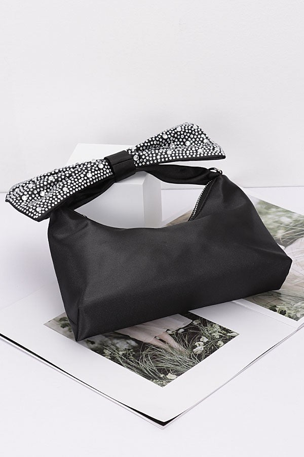 Rhinestone Bow Tie Satin Handle Clutch LA Jewelry Plaza
