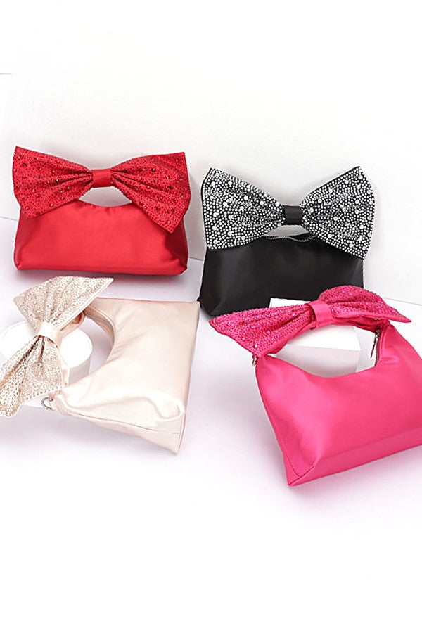 Rhinestone Bow Tie Satin Handle Clutch LA Jewelry Plaza