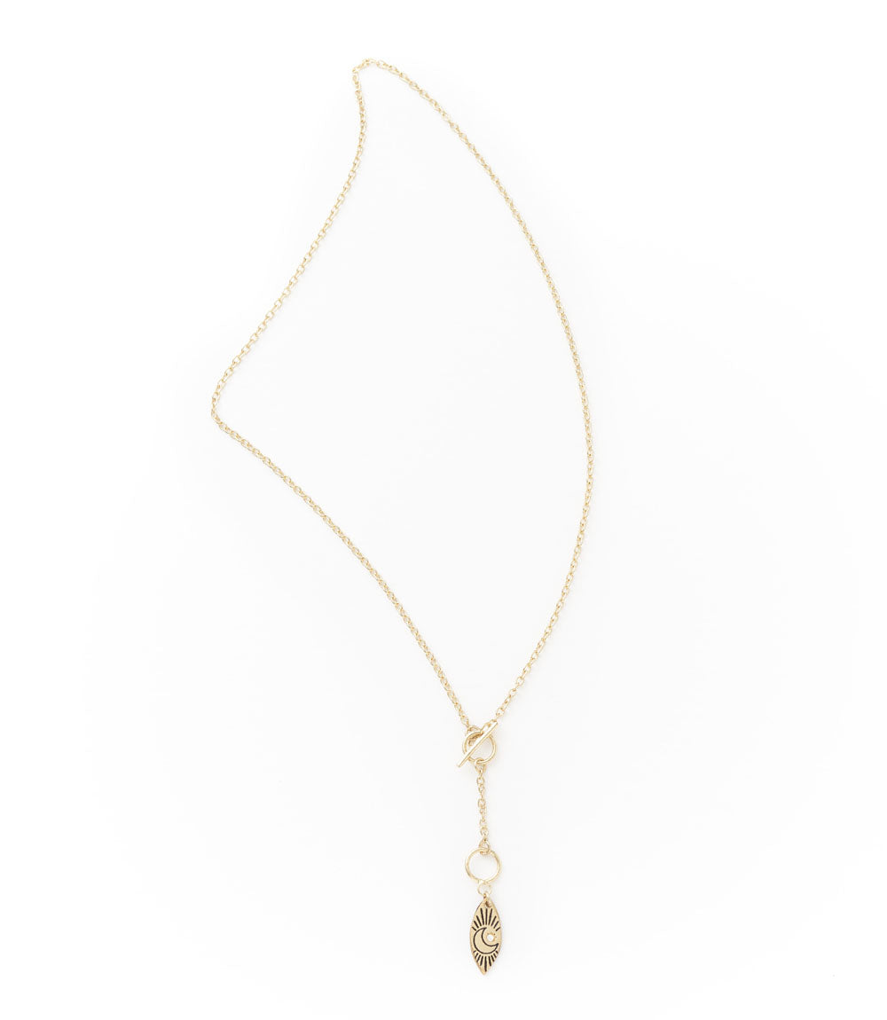Ruchi Crescent Moon Charm Gold Dainty Drop Lariat Necklace DAME BOHEME