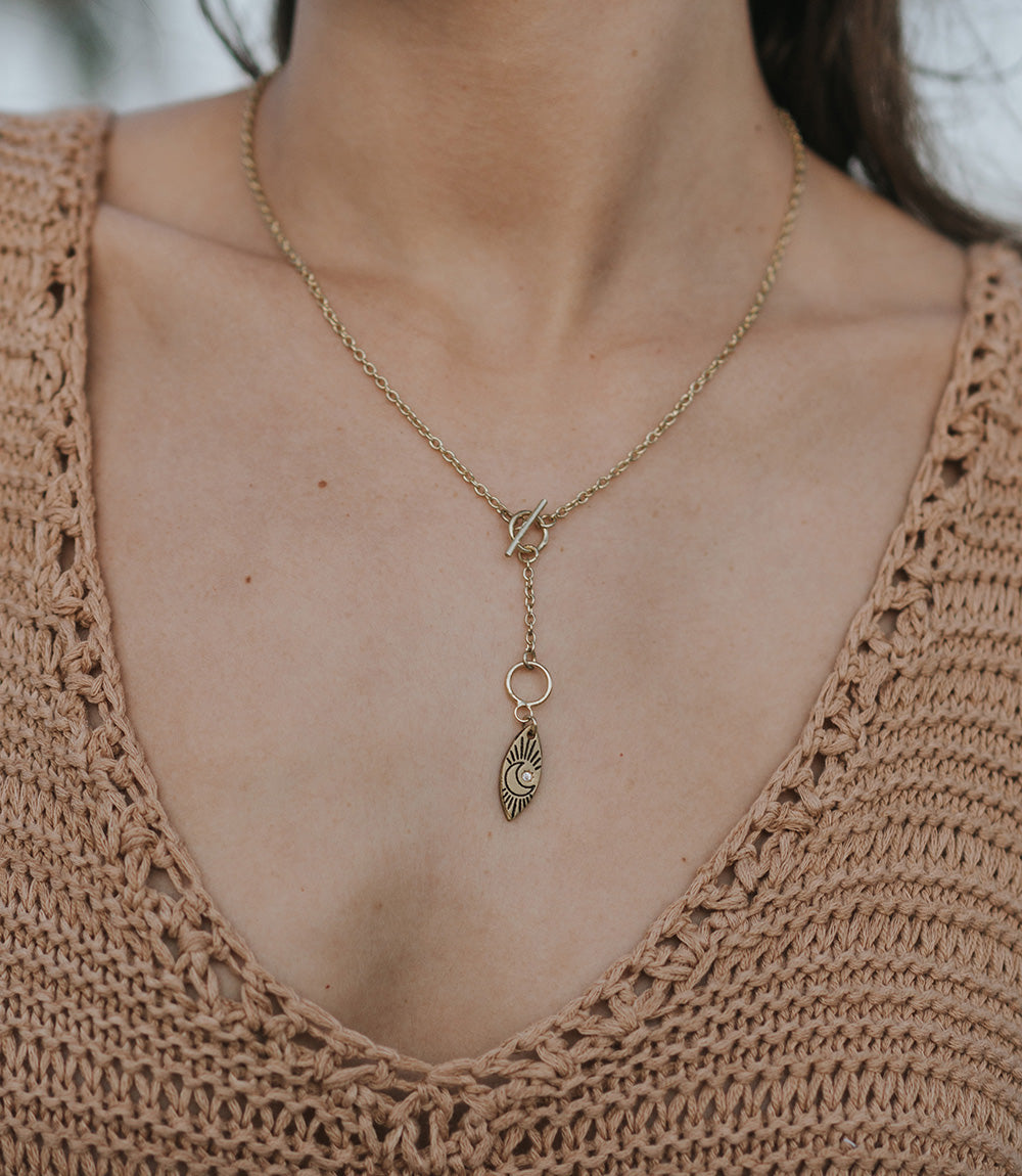 Ruchi Crescent Moon Charm Gold Dainty Drop Lariat Necklace DAME BOHEME