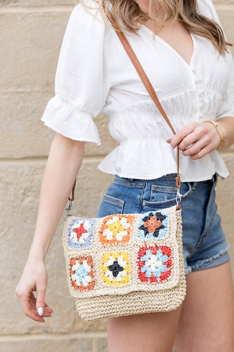 Sylvie Foldover Floral Crochet Woven Crossbody Bag - DAME BOHEME
