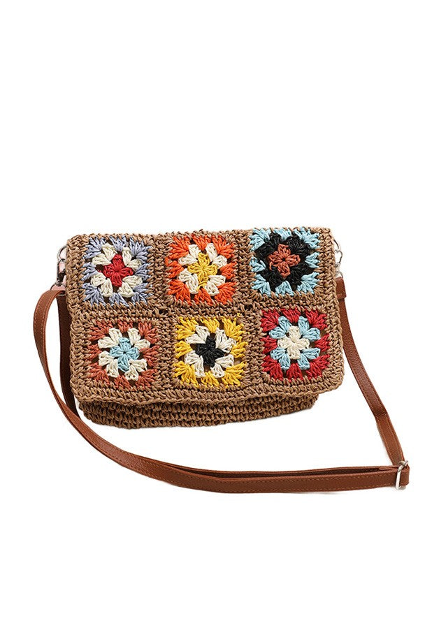 Sylvie Foldover Floral Crochet Woven Crossbody Bag - DAME BOHEME