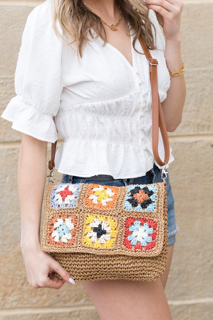 Sylvie Foldover Floral Crochet Woven Crossbody Bag - DAME BOHEME